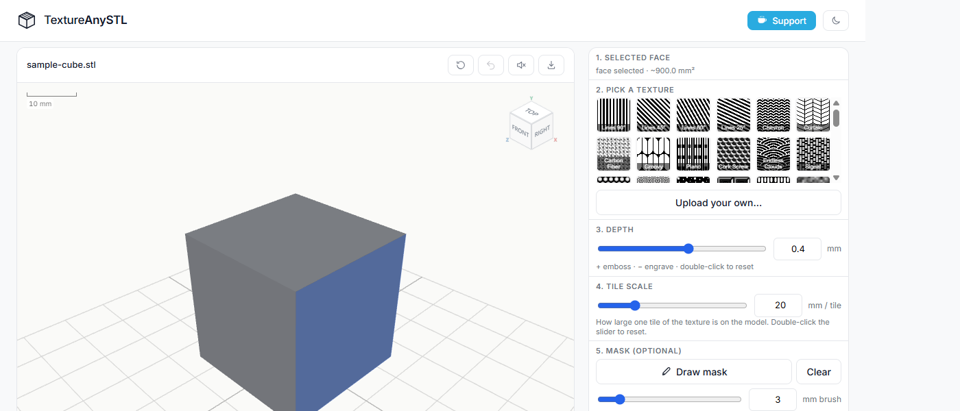 Cube in the 3D viewer with its top face highlighted blue after being clicked