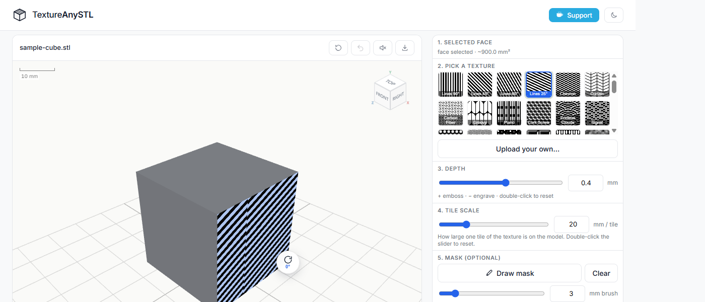 Diagonal lines texture being previewed live on the top face of the cube