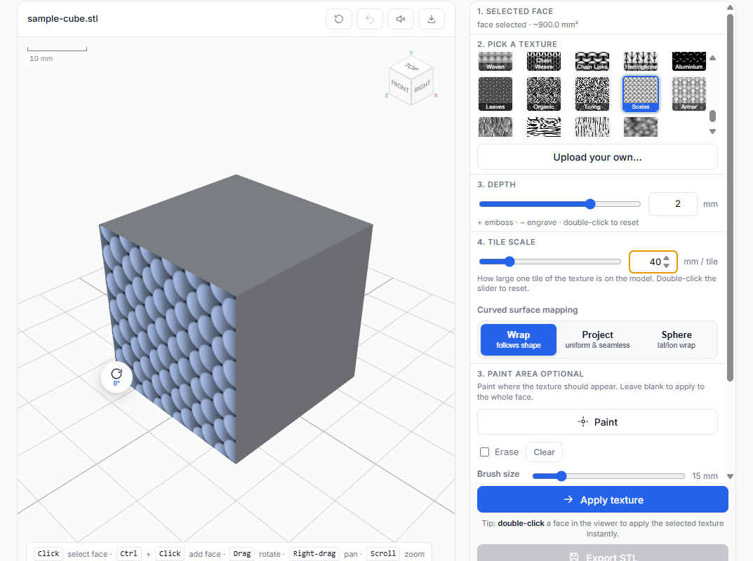 Paint Area panel showing scales texture previewed on a cube face with Paint button and brush size controls